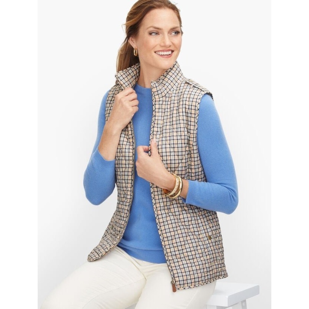 Talbots Plaid Quilted Puffer Vest XS Blue Tan Pink Fleece Lined Full Zip Pockets